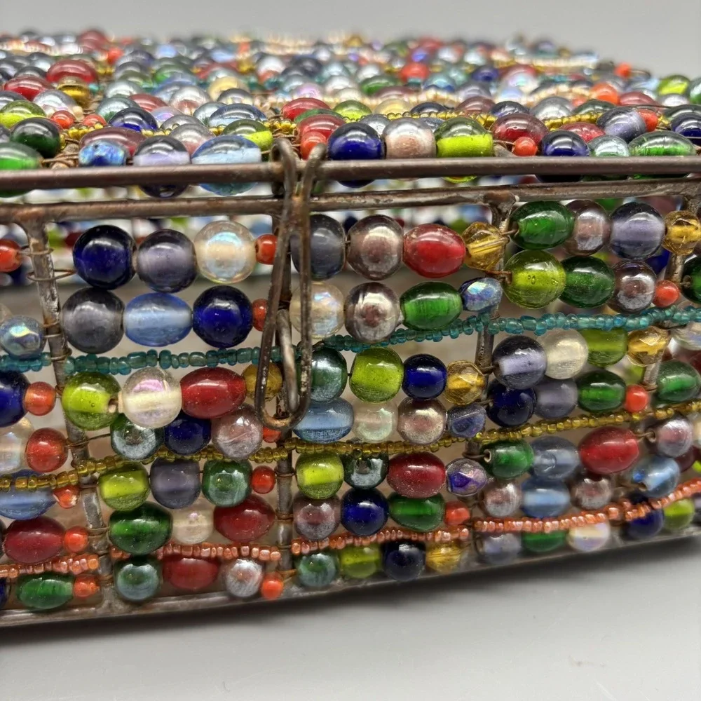 Vintage Glass Beaded Metal Jewelry‎ Box Copper Color Boho Retro